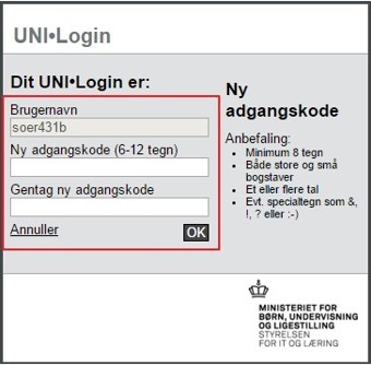 UNIlogin billede med markering af brugernavn og felter til at taste ny adgangskode i