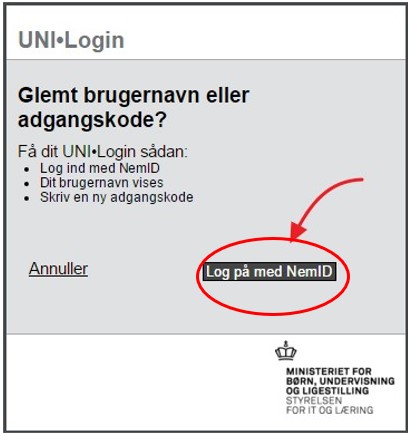 UNI-login side med markering over Log på med NemID