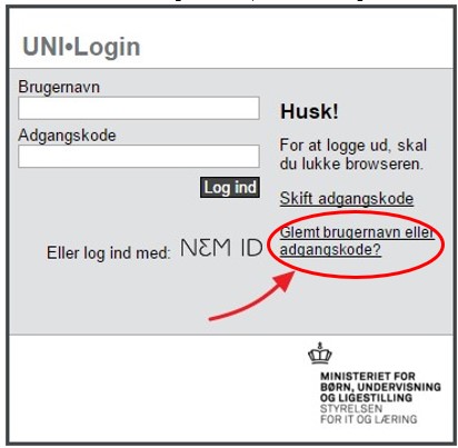 UNI-logins side med markering af glemt brugernavn eller adgangskode